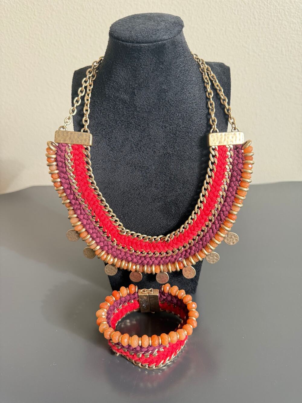 VTG Lucky Brand Boho Statement Necklace Bracelet Red Purple Braided Coin Cuff